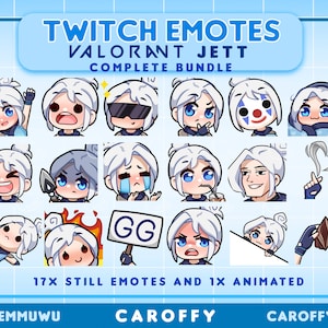 HUGE x18 Valorant Jett Emotes BUNDLE | 17x normal + 1x animated emote | Twitch, Discord, Youtube