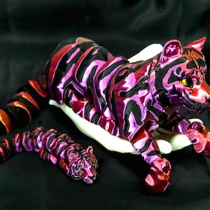 Shimmering Tiger Flexi Animal- Articulated Small Keychain- 3d Printed Fidget - Black and Silk Gold Red Purple