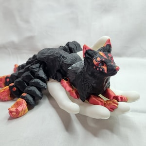 Japanese Kitsune Fox Black with Silk Red / Gold - Large Articulated Flexi Animal with Flexible Nine Tails