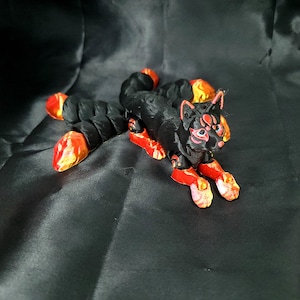 Japanese Kitsune Fox Black with Silk Red / Gold - Hand Size Articulated Flexi Animal with Flexible 5 Five Tails