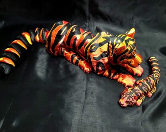 Large Shimmering Tiger Flexi Animal- Articulated Small Keychain- 3d Printed Fidget - Black and Silk Red Gold