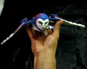Flexi Barn Owl - 3d Printed Articulated Winged Bird - White Body With Red Blue Matte Color shift