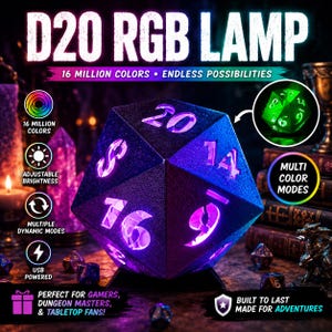 May include: A D20 RGB lamp shaped like a twenty-sided die with a dark textured surface and glowing purple numbers. The text D20 RGB LAMP, 16 MILLION COLORS, ENDLESS POSSIBILITIES, and various feature icons are displayed around the central die.
