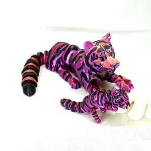 Shimmering Tiger Flexi Animal- Articulated Small Keychain- 3d Printed Fidget - Black and Silk Gold Red Purple