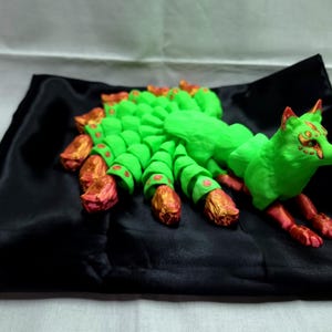 Large Articulated Japanese Kitsune Fox Flexi Animal with Flexible Nine Tails- Green with Silk Red / Gold