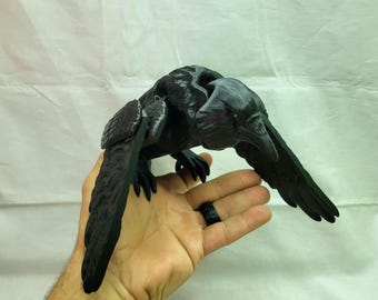 Flexi Black Crow - 12" inch 3d Printed Articulated Winged Bird - All Black Body w/ Blue Pupils
