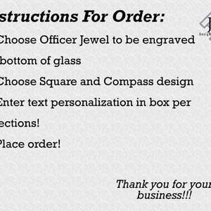May include: Text on a textured background reads "Instructions For Order:" followed by four numbered steps. The steps include choosing a jewel, a design, entering text, and placing an order. The image also includes a logo and the text "Thank you for your business!!!"