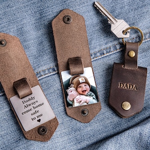 First time dad gift, Leather keychain personalized with photo and name, new dad gift from daughter, daddy to be photo gift