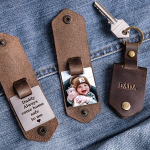 First time dad gift, Leather keychain personalized with photo and name, new dad gift from daughter, daddy to be photo gift