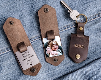 First time dad gift, Leather keychain personalized with photo and name, new dad gift from daughter, daddy to be photo gift