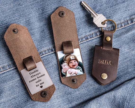 First time dad gift, Leather keychain personalized with photo and name, new dad gift from daughter, daddy to be photo gift