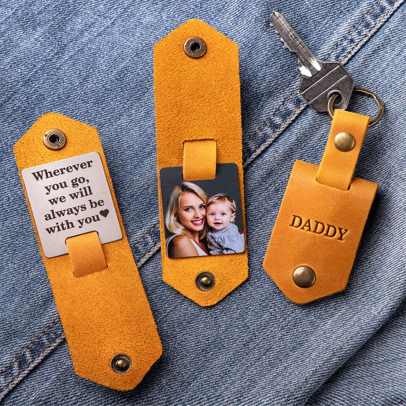 Personalized DADDY Photo Keychain, Custom Leather Picture Keychain Gift from Daughter, Handwriting Keepsake 画像 14