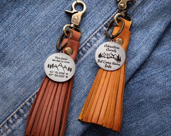 Leather Tassel Keychain, Personalized with Monogrammed Coordinates, Gift for Women Handbag