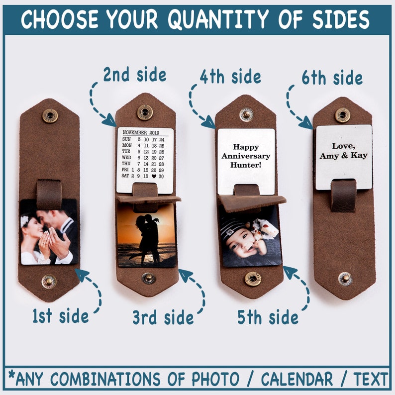 May include: A brown leather photo album with six sides. Each side has a different design, including a calendar, a photo, and text. The text on the album reads "Happy Anniversary Hunter!" and "Love, Amy & Kay".