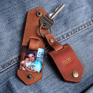 First time dad gift, Leather keychain personalized with photo and name, new dad gift from daughter, daddy to be photo gift image 13