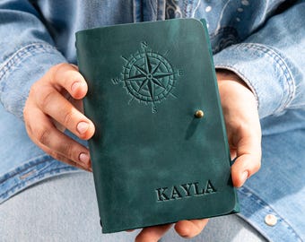 Personalized Travel Leather Wrapped Journal with Compass Rose, Travel Journal, Leather Notebook, Nautical Gift for Captain