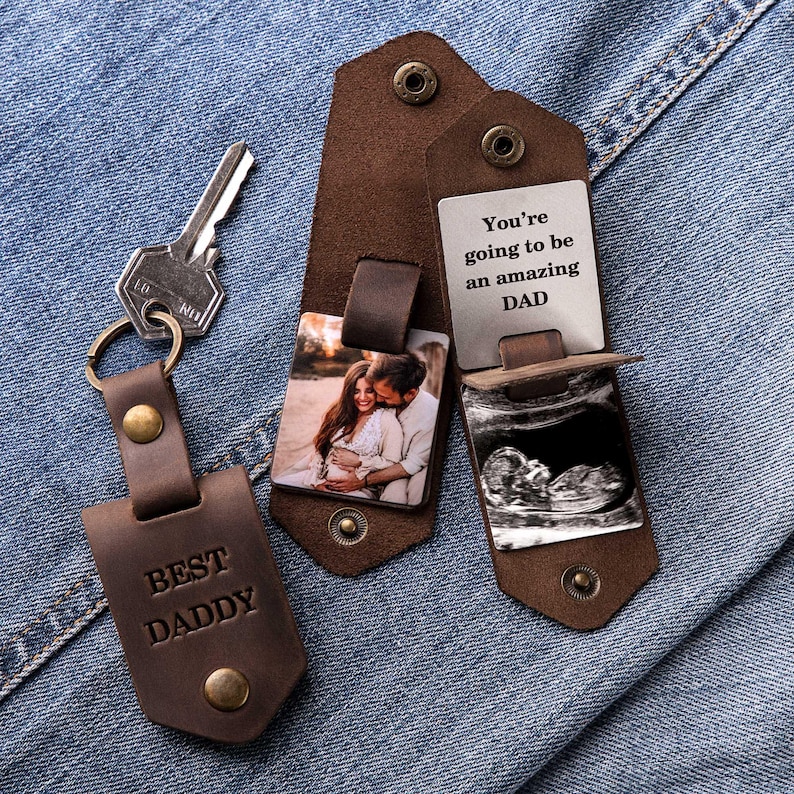 First time dad gift, Leather keychain personalized with photo and name, new dad gift from daughter, daddy to be photo gift image 12