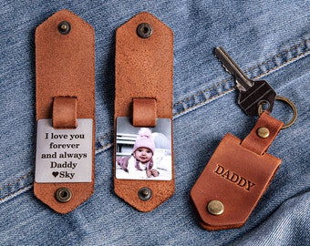 Photo Keychain, Personalized Fathers Day Gift, Leather Picture Keychain for Him, Dad Keychain, Gifts for Dad