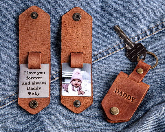 Photo Keychain, Personalized Fathers Day Gift, Leather Picture Keychain for Him, Dad Keychain, Gifts for Dad