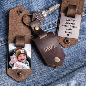 First time dad gift, Leather keychain personalized with photo and name, new dad gift from daughter, daddy to be photo gift image 10