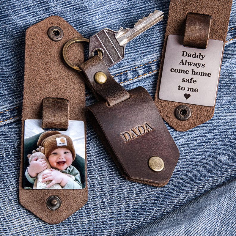 First time dad gift, Leather keychain personalized with photo and name, new dad gift from daughter, daddy to be photo gift image 10