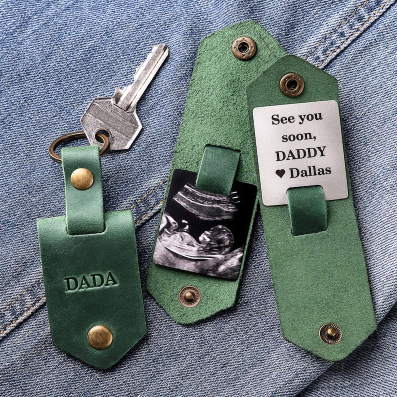 First time dad gift, Leather keychain personalized with photo and name, new dad gift from daughter, daddy to be photo gift image 14