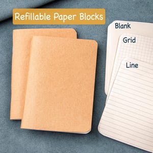 May include: Refilable Paper Blocks in blank, grid, and lined styles. The paper blocks are brown and have a textured surface. The paper is white.