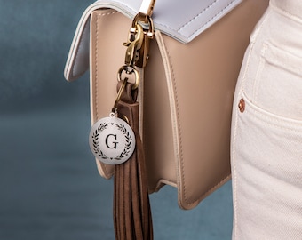Leather Tassel Keychain with Engraved Letter Charm, Custom Leather Tassel Keyring Gift
