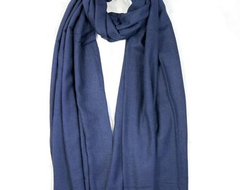 Navy Blue Pashmina Wool Handmade Scarf Extra Smooth Featherlight Unisex Shawl Warm Cashmere Long Knitted Stole