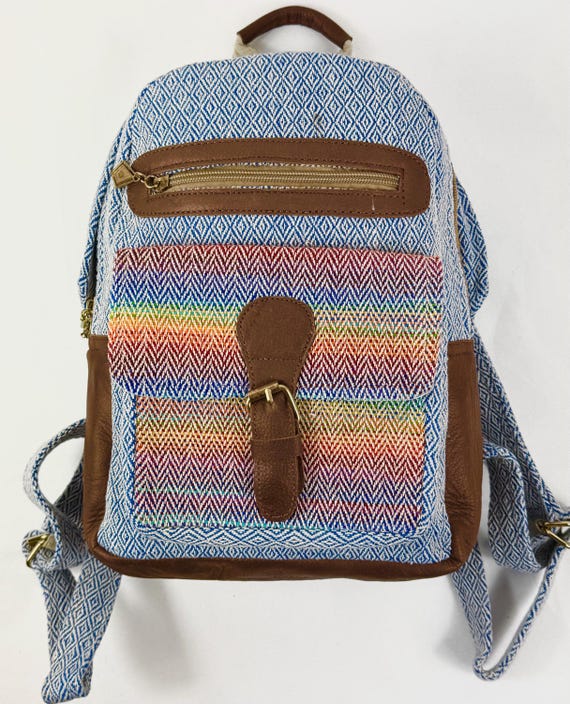 Rainbow Hemp Backpack Handmade Leather Travel Bag, Boho  display picture 3