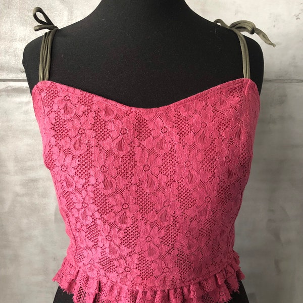 Bustier Top Leinen Spitze XS-S weinrot Schnürung BoHo Goa Psy