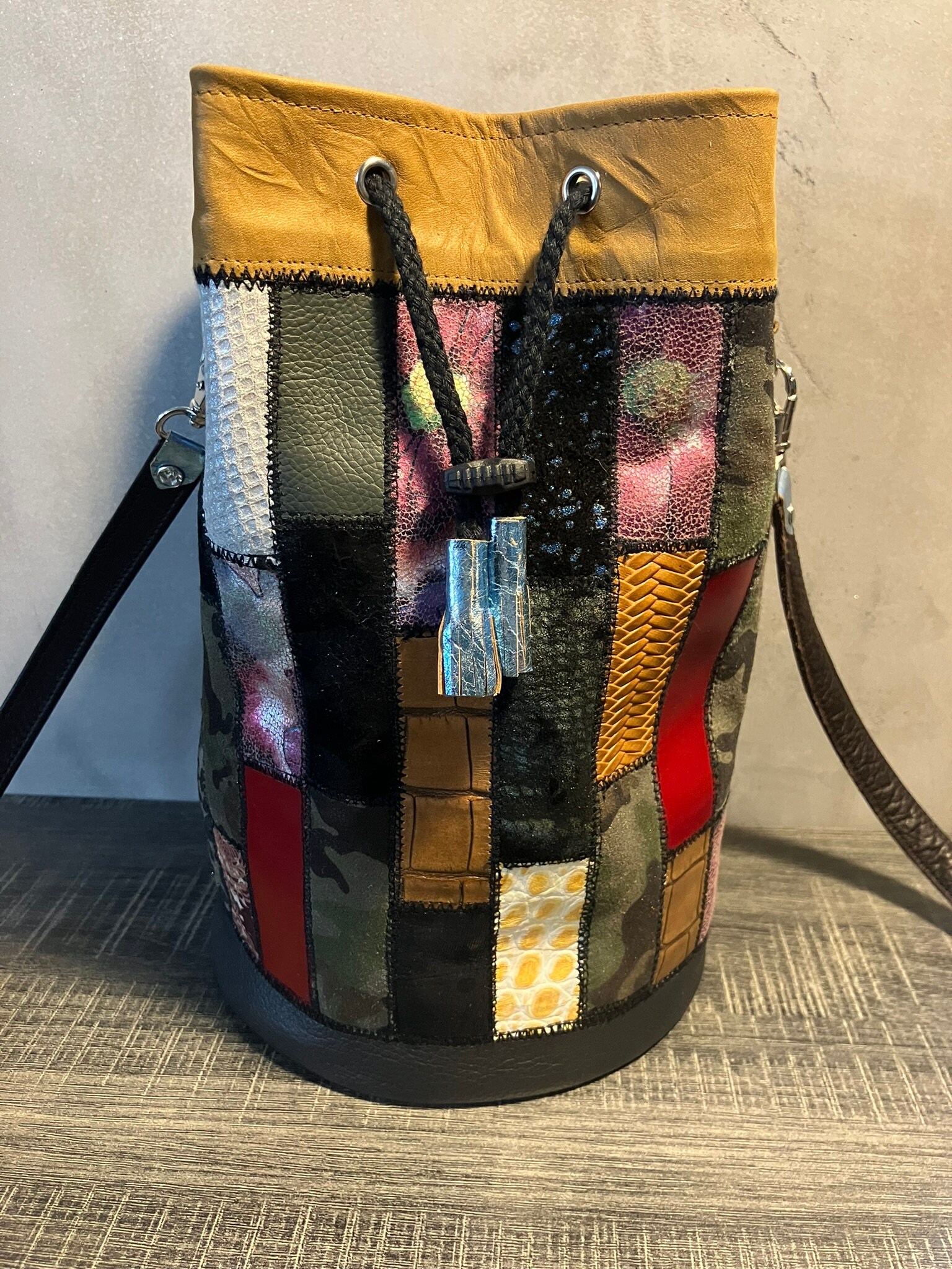 Unique Leather Patchwork Bucket Bag Shoulder Bag - Etsy