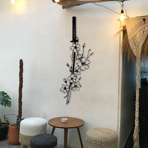 Flowers and Katana Metal Wall Art, Headboard Metal Wall Art, Yoga room Metal Decor, Unique Birthday Gift, Gift for Her, Valentine&#39;s Day gift