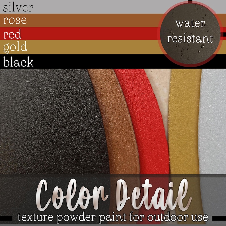 Op de afbeelding: Een afbeelding met kleurendetails van textuurpoederverf voor buitengebruik. De stalen zijn in zilver, roze, rood, goud en zwart. De tekst "waterbestendig" is aanwezig. De woorden "Color Detail" en "texture powder paint for outdoor use" zijn ook zichtbaar.