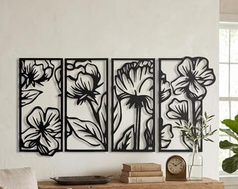 Floral Metal Wall Art - 4 Pcs Flower Garden Decor - Unique Birthday Gift