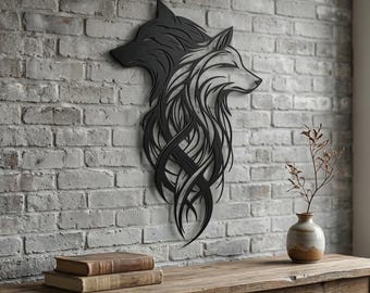 Metal Wall Art Two Wolves - zwart-wit decor dubbele wolvenkop - uniek verjaardagscadeau