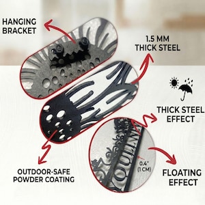 May include: Close-up of a black metal sign with the text "YOULANE". The sign is made of 1.5 mm thick steel with an outdoor-safe powder coating. It has a floating effect and includes a hanging bracket.