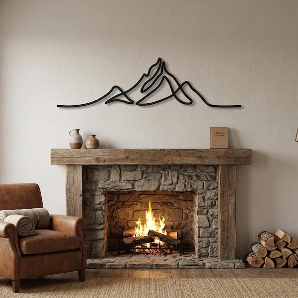 Letrero metálico de montaña - Arte lineal de montaña en metal - Decoración minimalista para el hogar