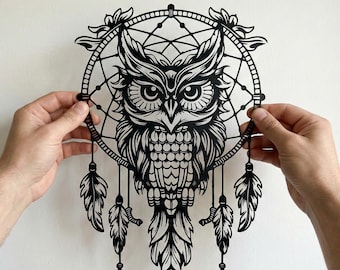 Metalen muurkunst dromenvanger uil - boho woondecoratie - uniek verjaardagscadeau
