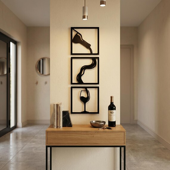 Wine Metal Wall Art - Wine Lover Bar Sign - Modern Black Kitchen Dining Room Decor