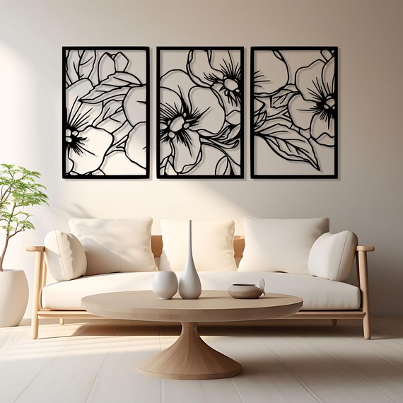 Kitchen Wall Decor 3-Piece Metal Flower Wall Art - Rustic Farmhouse Decor For Living Room & Bedroom Boho Floral Wall Set