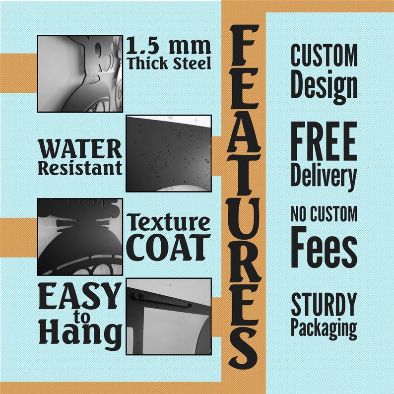 Puede incluir: CARACTER&Iacute;STICAS: Dise&ntilde;o personalizado, entrega gratuita, sin tarifas personalizadas, embalaje resistente. Resistente al agua, acero de 1,5 mm de espesor, f&aacute;cil de colgar, capa de textura.