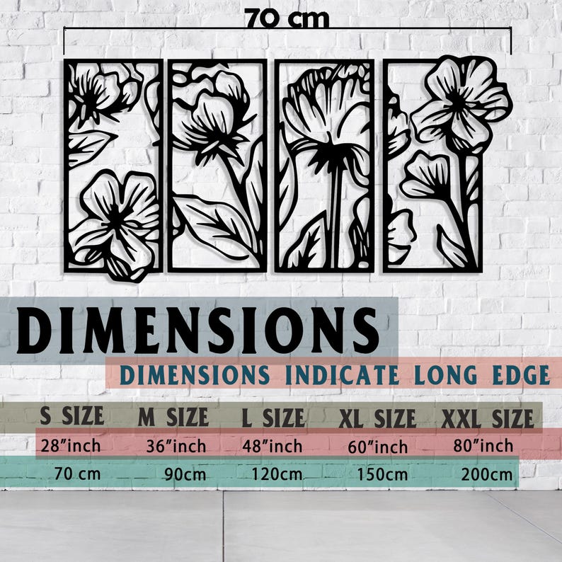 May include: Black metal floral wall art, 28 inches long, composed of four panels. The design features stylized flowers and leaves. The text "DIMENSIONS" and size details are visible.