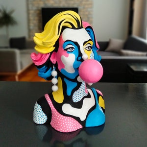 Pop Art Woman Bust With Gum, Modern Handmade Statue,Painted Colorful Sculpture,Home Decor,Modern street style