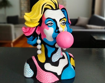 Pop Art Woman Bust With Gum, Modern Handmade Statue,Painted Colorful Sculpture,Home Decor,Modern street style