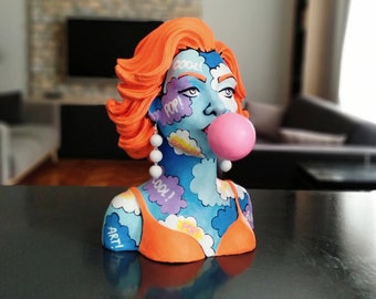 Pop Art Woman Bust With Gum, Modern Orange Haired Handmade Statue,Painted Colorful Sculpture,Home Decor,Orange Modern street style