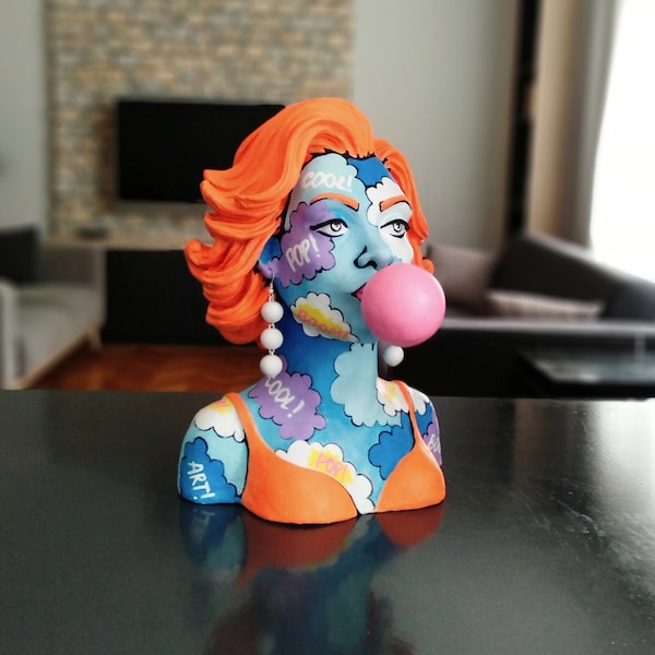 Pop Art Woman Bust With Gum, Modern Orange Haired Handmade Statue,Painted Colorful Sculpture,Home Decor,Orange Modern street style