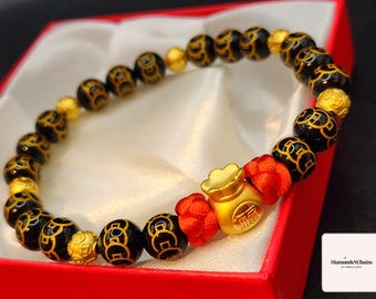 24 Karat Gold Feng Shui Bracelet, Onyx and Money Bag Charm