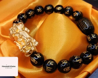 24K Gold Pixiu Bracelet, Onyx Wealth Mantra, Feng Shui Jewelry