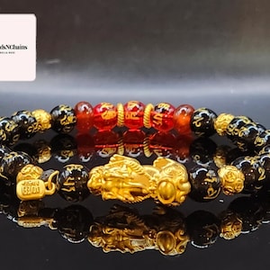 24K Gold Real Feng Shui Bracelet / Pixiu Bracelet : Obsidian Au999 Quartz Carnelian